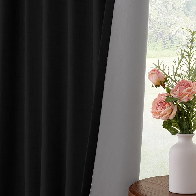 INOVADAY 100% Blackout Curtains for Bedroom, Black Out Curtains 108 Inch Long, Clip Rings Linen Blackout Drapes, Thermal Insulated Room Darkening for Living Room, 1 Panel - Black,W102xL108
