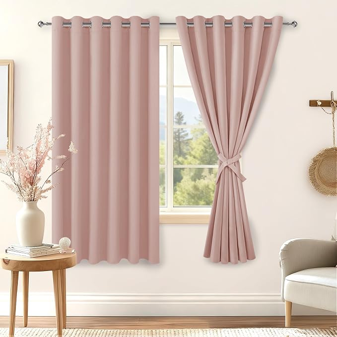 Hiasan Grommet Blackout Curtains for Bedroom, 70 x 63 Inches - Thermal Insulated Light Blocking Window Drapes for Living Room/Dorm Room, Set of 2 Panels Sewn with Tiebacks, Blush