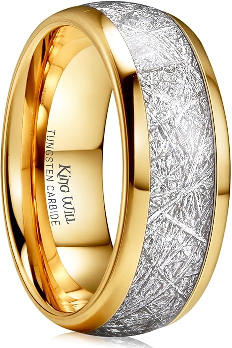 King Will Tungsten Rings for Men Meteorite Carbon Fiber Wood Inlay Mens Wedding Engagement Band Domed Polished