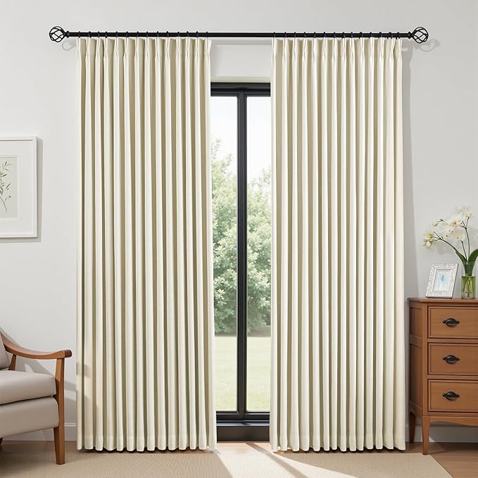 Cream Beige Pinch Pleated Full Blackout Linen Curtains for Bedroom, Black Out Curtains 84 Inches 1 Panel for Living Room Darkening Thermal Insulated Neutral Pleat Drapes with 12 Hooks, 60''Wx84''L
