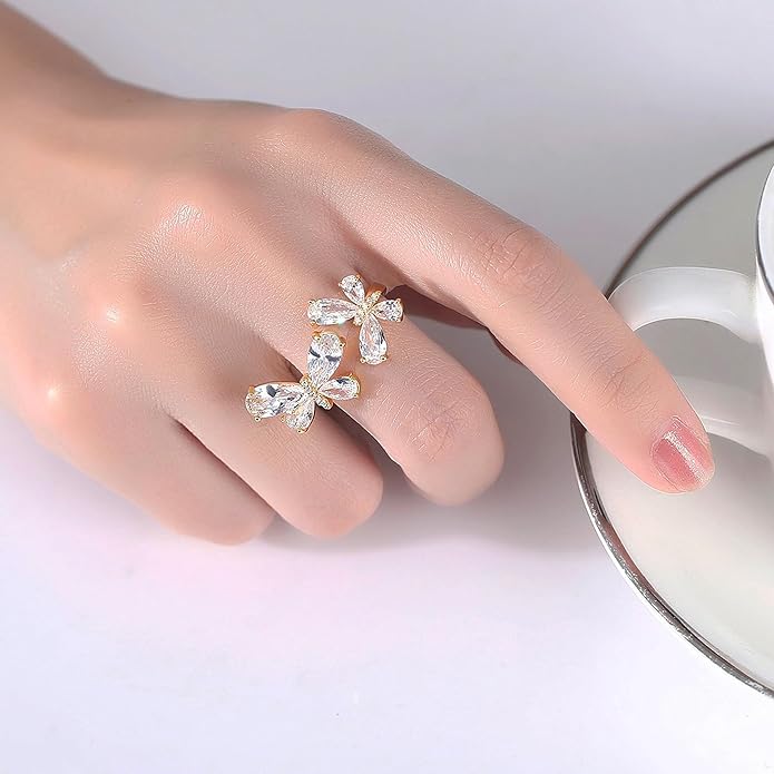 18K Gold Plated Rings for Women and Teen Girls Non Tarnish Cubic Zirconia Fidget Ring Butterfly/Snake/Mesh/Cross/Crown Knuckle Ring Open Adjustable Statement Stacking Chunky Rings