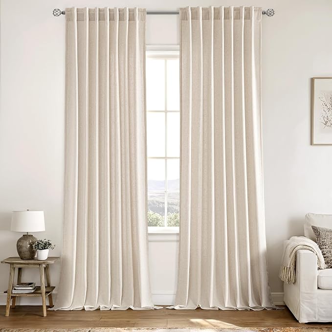 MIULEE Non-See-Through Privacy Linen Curtains 52W x 90L Inch Birch | 2 Panels, Light Filtering, Semi Sheer Window Curtains, Farmhouse Textured, Back Tab Drapes for Bedroom Living Room
