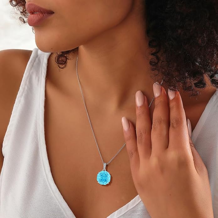 YIFISIY Rose Necklaces for Women, 925 Sterling Silver Rose cut Birthstone Pendant Octagonal Flower Jewelry Gifts for Her