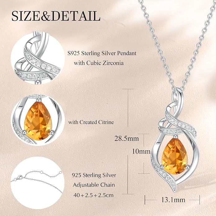 FANCIME Teardrop Birthstone Necklace for Women S925 Sterling Silver Elegant Ribbon Pendent Necklace Birthday Jewelry Gifts for Mom Wife Her, 16"+2" Inches