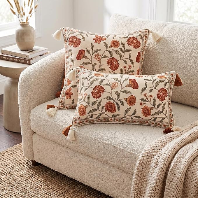 ISAENNE French Elegant Linen Rectangle Throw Pillow Cover,20"x12"-Albano A | Designer Vintage Pillow Cover,Concealed Zipper Design,Orange Floral Pattern,Sofa,Bedroom,Living Room,Lounge Chairs
