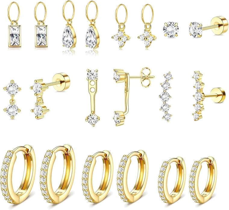 Stainless Steel Stud Earrings Set for Women Hypoallergenic Flat Back Cartilage Earrings Screw Back Huggie Hoop Earrings Multiple Piercing Cubic Zirconia Helix Tragus Jewelry
