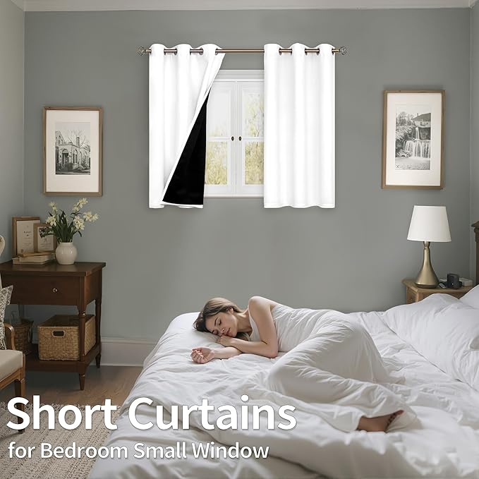 BGment Short Blackout Curtains for Windows - 40 Inch Curtains White Thermal Insulated Grommet Drapes for Kitchen Bathroom Bedroom, 2 Panels, 42 X 40 Inch