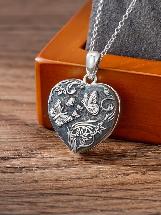 Locket Pendant Necklace for Women, 925 Sterling Silver Dainty Photo Necklace, Christmas Valentine's Day Mother's Day Memorial Jewelry Gifts (With Gift box)