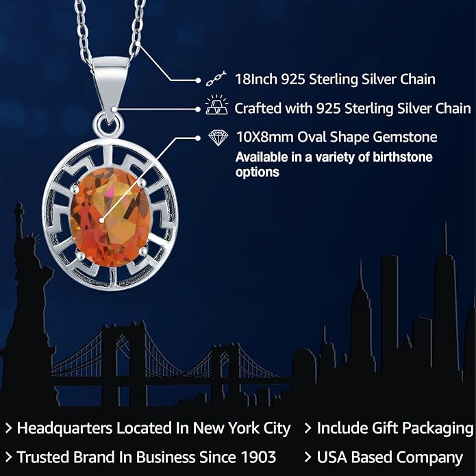 Gem Stone King 925 Sterling Silver 10X8MM Oval Gemstone Birthstone Necklace | Greek Key Pendant Necklace for Women | With 18 Inch Silver Chain
