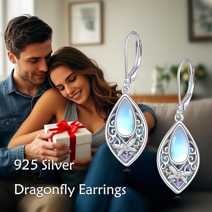 Dragonfly Earrings Sterling Silver Dragonfly Filigree Abalone Shell Teardrop Dangle Earrings Leverback Jewelry Gifts for Women