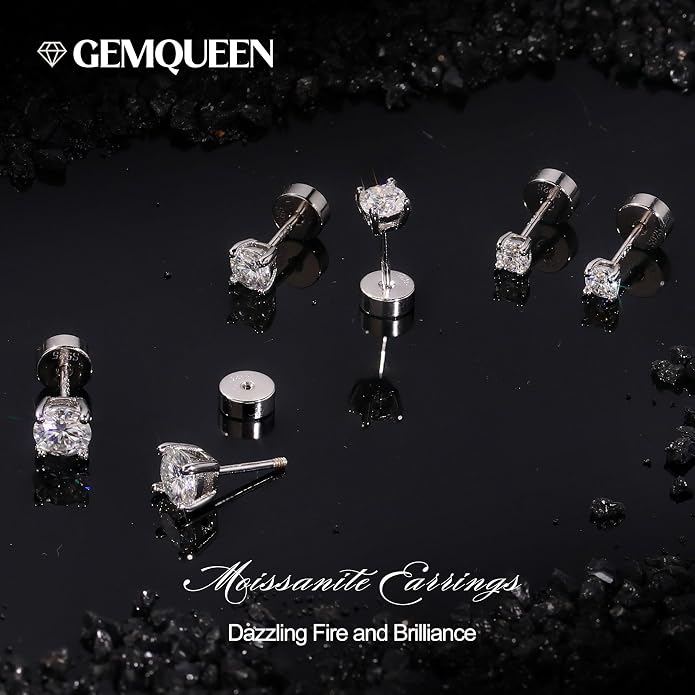 GEMQUEEN 3/4 Pairs Moissanite Earrings Studs 14K Gold Plated S925 Sterling Silver Flat Back Earring for Women Men - Hypoallergenic Set Cartilage Helix Piercing Jewelry Trendy D Color VVS1
