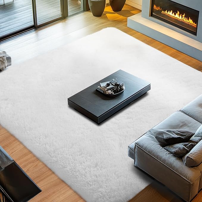 Shag Rugs for Living Room White: 9x12 Shag Area Rugs for Living Room- 9x12 Large Soft Rugs for Bedroom- Fuzzy Plush Modern Carpets for Kids Room (White, 9x12 Feet