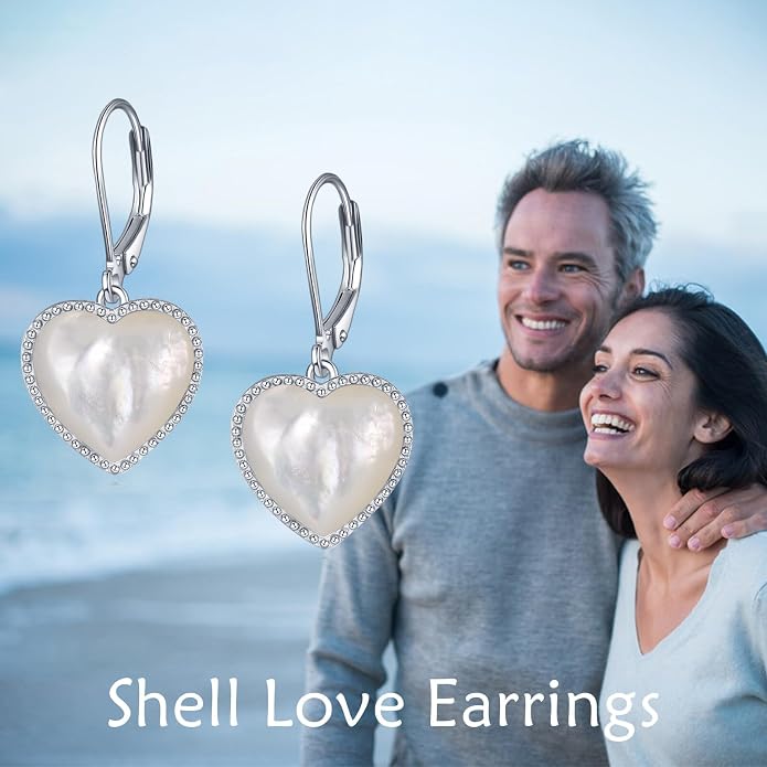 Mother of Pearl/Black Onyx/Abalone Shell Heart Leverback Dangle Earrings Sterling Silver Fashion Jewelry Gifts for Women