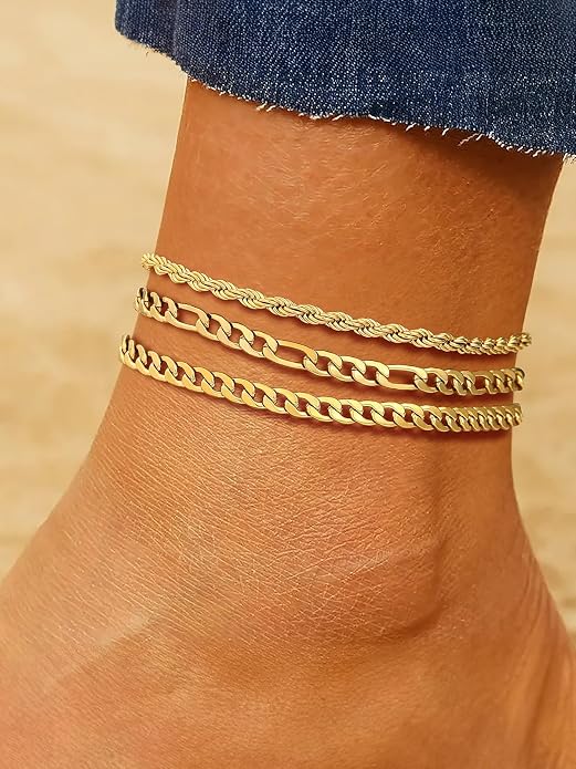 U7 2Pcs/3Pcs Ankle Bracelets for Women, Stainless Steel Cuban Link/Figaro/Rope/Heart Chain Anklets Sets,Waterproof Layered Anklets Adjustable 8.5"-10.5"