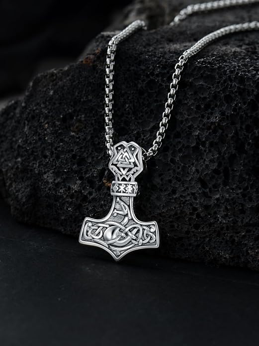 Viking Necklace for Men 925 Sterling Silver Viking Wolf/Thors Hammer/Vegvisir/Tree of Life/Compass Pendant Norse Necklace Amulet Talisman Christmas Gifts for Him Her