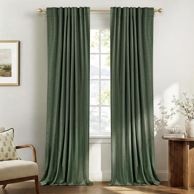 100% Blackout Shield Green Linen Blackout Curtains for Bedroom 96 Inches Long, Back Tab/Rod Pocket Living Room Drapes, Thermal Insulated Blackout Curtains 2 Panels Set, 50" W x 96" L,Loden