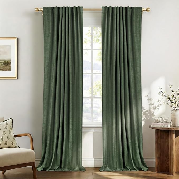 100% Blackout Shield Green Linen Blackout Curtains for Bedroom 84 Inches Long, Back Tab/Rod Pocket Living Room Drapes, Thermal Insulated Blackout Curtains 2 Panels Set, 50" W x 84" L,Loden