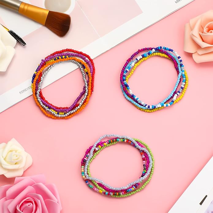Hicarer 36 Pcs Elastic Beaded Bracelets for Women Bohemian Stackable Beaded Stretch Ankle Bracelets Handmade Colorful Jewelry