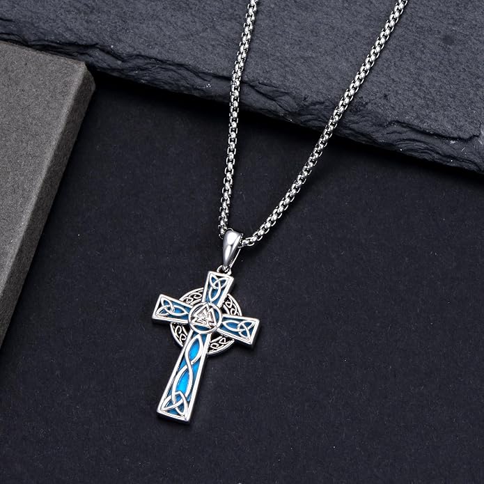 HPQQ Cross Necklace 925 Sterling Silver Turquoise Tree of Life Celtic Knot Cross Pendant Jewelry Mother's Day Gifts for Women