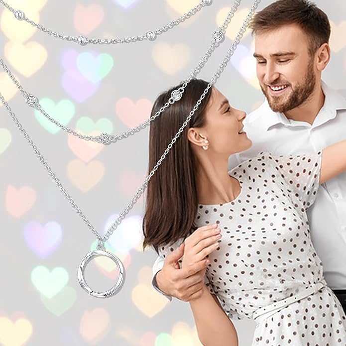 Layered Choker Necklaces for Women S925 Sterling Silver Circle/Heart/Cross/Star Multi Layered Necklace Handmade Bead Chain Adjustable Jewelry for Birthday