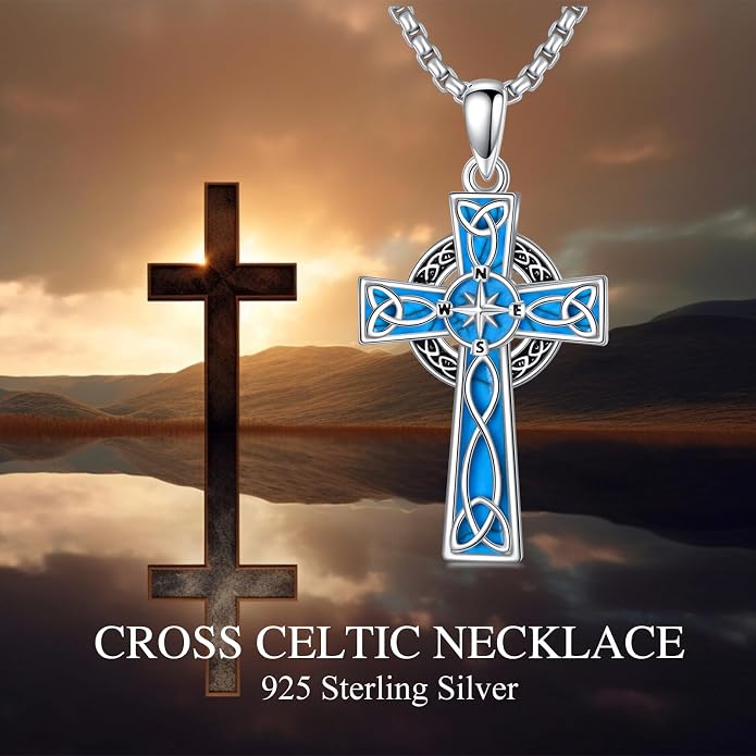 HPQQ Cross Necklace 925 Sterling Silver Turquoise Tree of Life Celtic Knot Cross Pendant Jewelry Mother's Day Gifts for Women