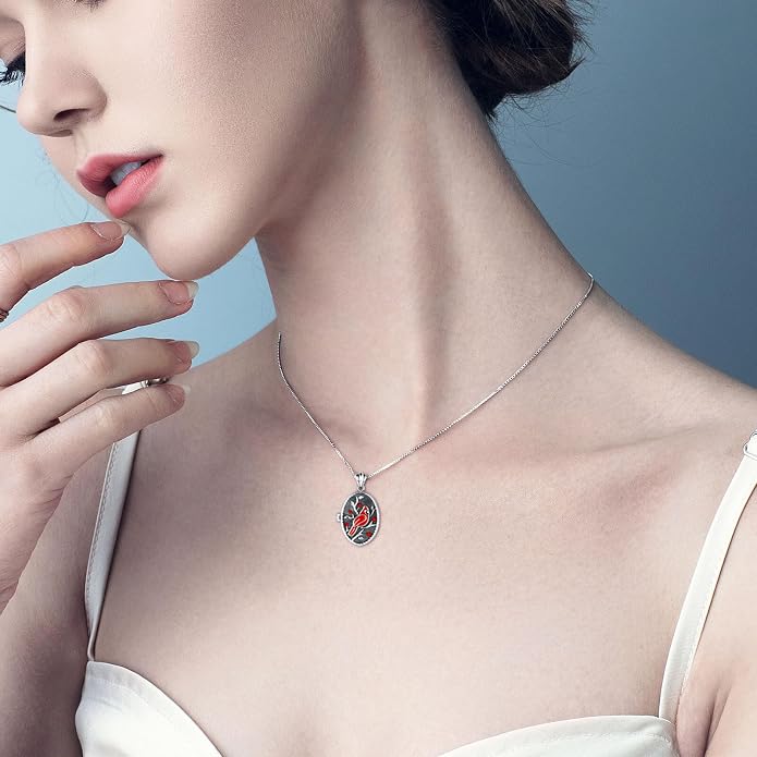APOTIE Silver Vintage Locket Necklace for Photo Tree of Life Cardinal Keepsake Holds Pictures Memorial Pendant Jewelry for Women (Cardinal)