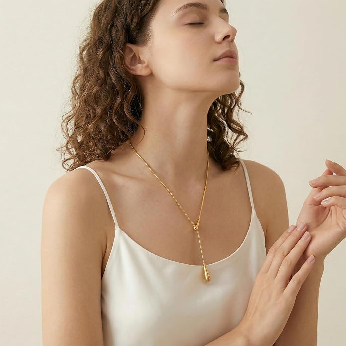 18k Gold Long Necklace for Women Dainty Snake Chain Bolo Adjustable Minimalist Round Bead Jewelry Trendy Simple Aesthetic Gifts for Her