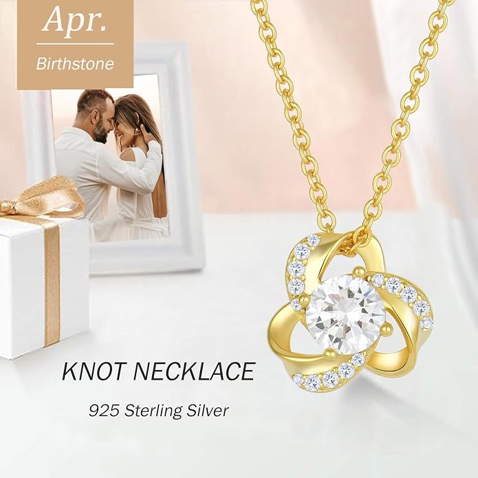 18K Gold Plated Love Knot Necklace for Women, 925 Sterling Silver Round cut Birthstone Pendant Necklace With Chain Lucky Flower Jewelry Gift