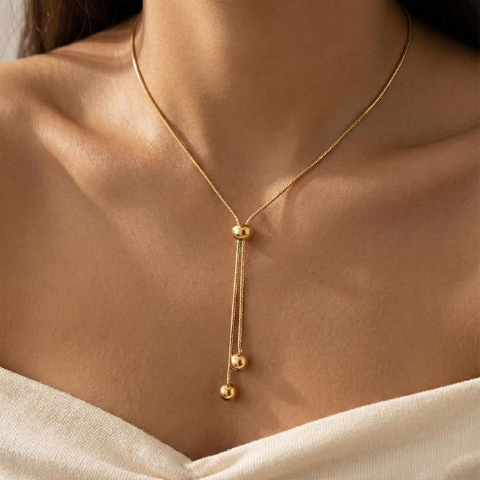 18k Gold Long Necklace for Women Dainty Snake Chain Bolo Adjustable Minimalist Round Bead Jewelry Trendy Simple Aesthetic Gifts for Her