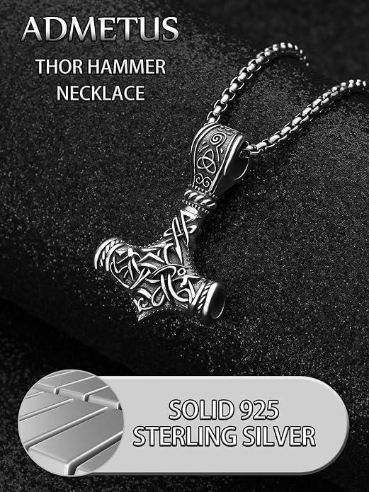 ADMETUS 925 Sterling Silver Thor Hammer Necklace Viking Mjolnir Pendant Jewelry Gifts for Men with 2.5mm 22"+2" Rolo Chain