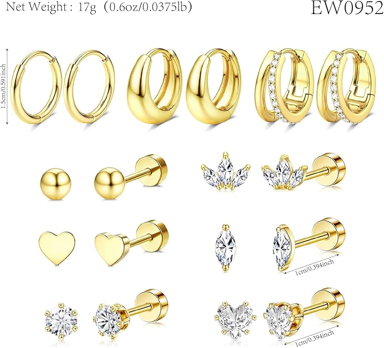 Stainless Steel Stud Earrings Set for Women Hypoallergenic Flat Back Cartilage Earrings Screw Back Huggie Hoop Earrings Multiple Piercing Cubic Zirconia Helix Tragus Jewelry