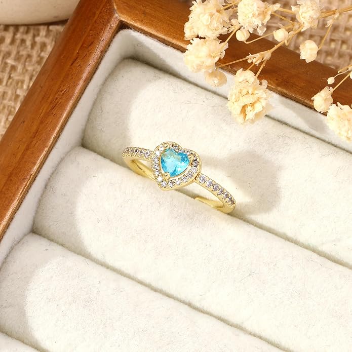 Gold Birthstone Rings for Women Non Tarnish 14k Gold Plated Dainty Heart Rings Adjustable Size Cubic Zirconia Ring Gold Simulated Gemstone Rings Birthday Gifts for Women