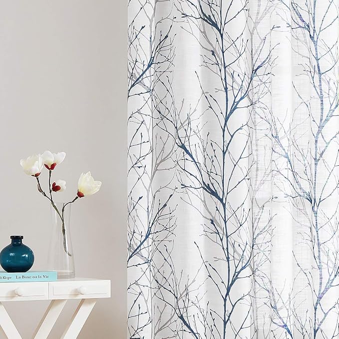 FMFUNCTEX Blue White Curtains 50" X 45" for Kitchen Living Room Tree Branch Print Wrinkle- Free Small Linen Texture Semi Sheer Window Panels for Bedroom 2 Panels, Grommet Top | Short Sheer Branch Patterned Drapes, Light Filtering Grommet Panels for Kit...