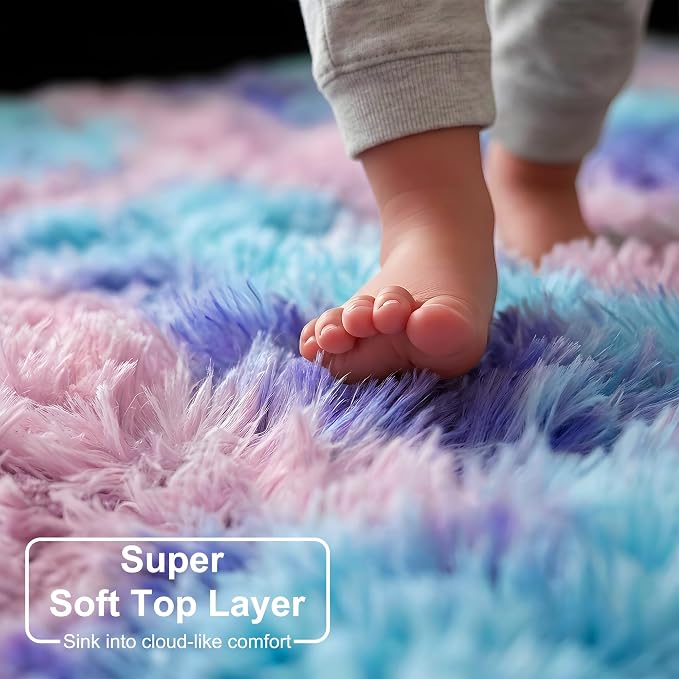 Amdrebio Purple Rainbow Round Rug 5Ft for Bedroom Girls Room Decor, Mermaid Kids Rugs for Playroom Nursery Dorm Classroom, Fluffy Fuzzy Cute Shag Carpet, Soft Kawaii Circle Area Rugs for Baby Toddler