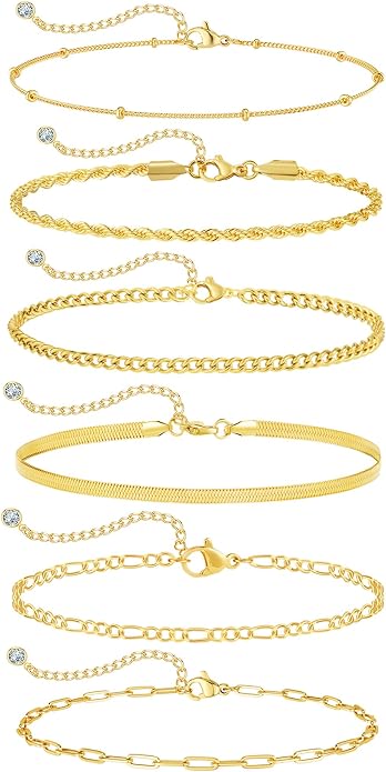 Rotnso Anklets for Women 14K Gold Silver Plated Ankle Bracelets Trendy Waterproof Boho Anklets Set Adjustable Dainty Cute Diamond Beaded Heart Non Tarnish Summer Beach Jewelry Gift