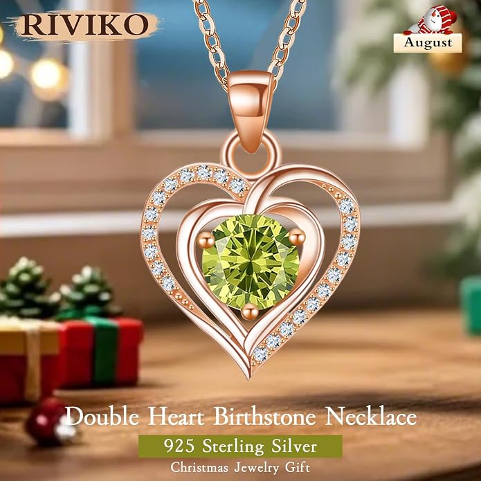 RIVIKO Heart Birthstone Pendant Necklace for Women 925 Sterling Silver Zirconia Necklaces Valentine's Day Anniversary Birthday Mothers Day Jewelry Gifts For Her Mother Wife
