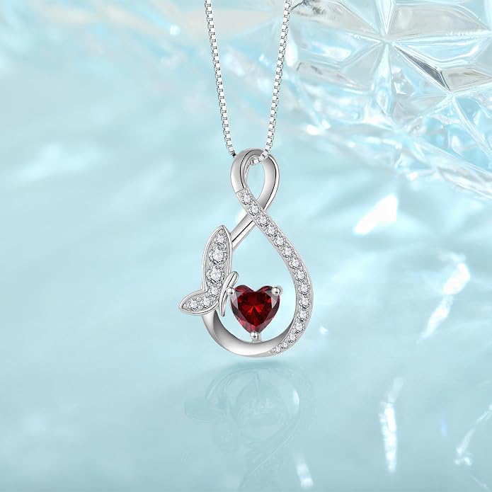 Infinity Butterfly Necklace for Women 925 Sterling Silver Heart Birthstone Created Gemstone Pendant Jewelry Gifts for Women Her