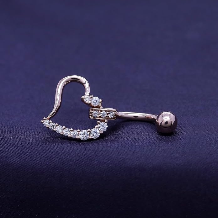 AFFY Women's Heart Charm Belly Ring with Round White Cubic Zirconia in 14K Gold Plated 925 Sterling Silver, Dangle Navel Piercing Jewelry for Her