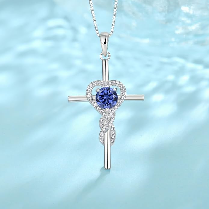 Cross Necklace for Women 925 Sterling Silver Infinity Birthstone Pendant Necklace Religious Christian Jewelry Gifts Wife Mom Her
