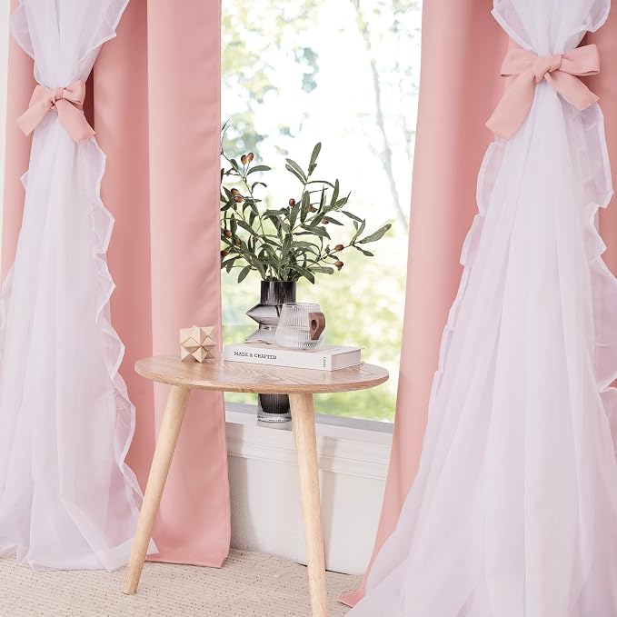 PONY DANCE Pink Blackout Curtains for Nursery, Double Layer Bow Curtains with Ruffle Sheer Overlay for Girls Bedroom, Cute Shabby Chic Kids Toddler Room Decor Drapes Coquette Style, 52x84 inch, 2 PCs