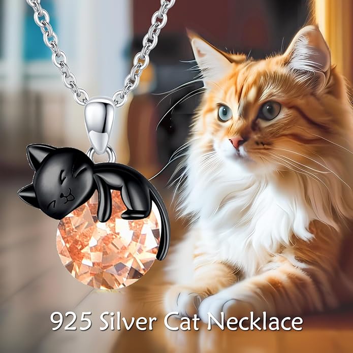 Cat Necklace Sterling Silver Cat Zircon Pendant Gothic Jewelry for Women Animal Lovers Gifts