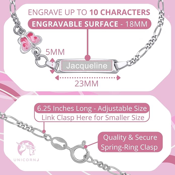 UNICORNJ 925 Italy Sterling Silver Child or Baby Name Bracelet Girls Boys, Personalized Engraved Kids ID Bracelets, 6.5" Figaro Chain, Enamel Charm Newborn Infant Toddler Kid Jewelry