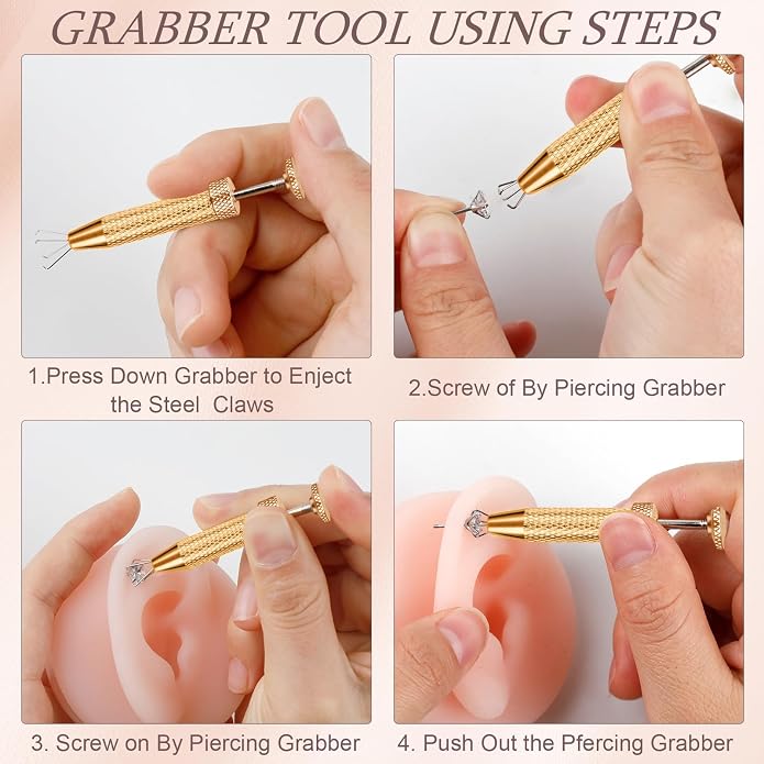 ONESING 2Pcs Piercing Ball Grabber Tool for Changing Jewelry, Stianless Steel Flat Back Earring Applicator Internally Threaded Push Pin Piercing Grabber Tool, Anti Slip 4 Claw Gem Ball Grabber Tool