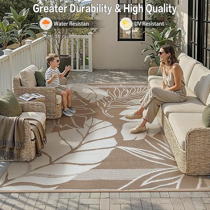 HUGEAR 6'x9' Outdoor Rug Waterproof Plastic Straw Rugs Brown Reversible Olive Leaf Mat Floor Carpet for Camping RV Deck Entryance Porch Picnic Balcony Beach Backyard