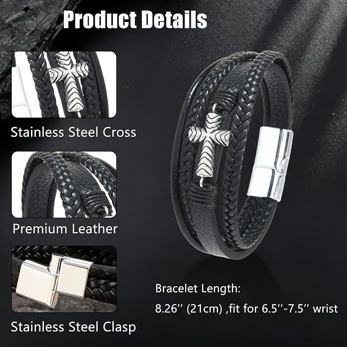 Men's Cross Leather Bracelet Vintage Christian Religious Faith Cuff Bangle Multi-Layer Braided Genuine Leather Wrap Wristband with Stainless Steel Clasp Jewelry for Women Him or Her