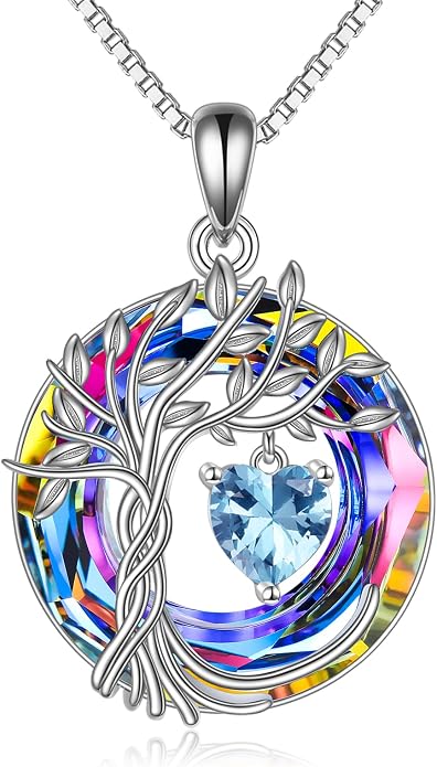 POPLYKE Mothers Day Gifts for Mom Her Wife Tree of Life Necklace 925 Sterling Silver Birthstone Pendant with Crystal Anniversary Birthday Wedding Jewelry for Women