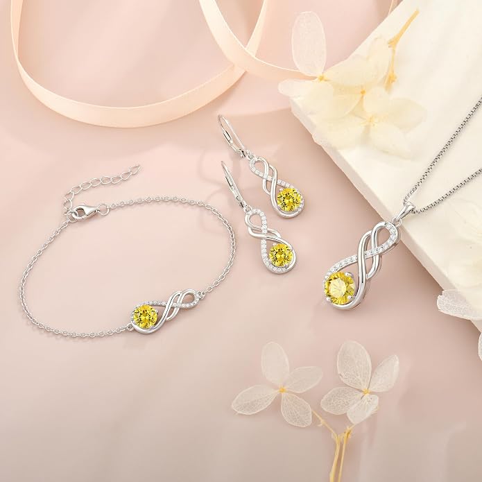 Gemstone Infinity Pendant Necklaces for Women, S925 Sterling Silver Round cut Zircon Necklace Birthstone Jewelry Gift for Her