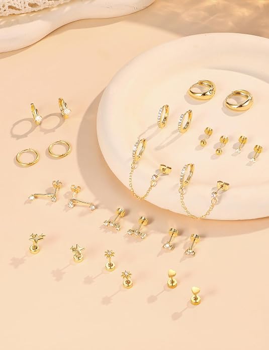 Florideco Flat Back Earrings Hypoallergenic Surgical Steel Earrings for Women Trendy Cartilage Chain Earring 14K Gold Plated Star Heart CZ Flatback Stud Earring Sets for Multiple Piercing