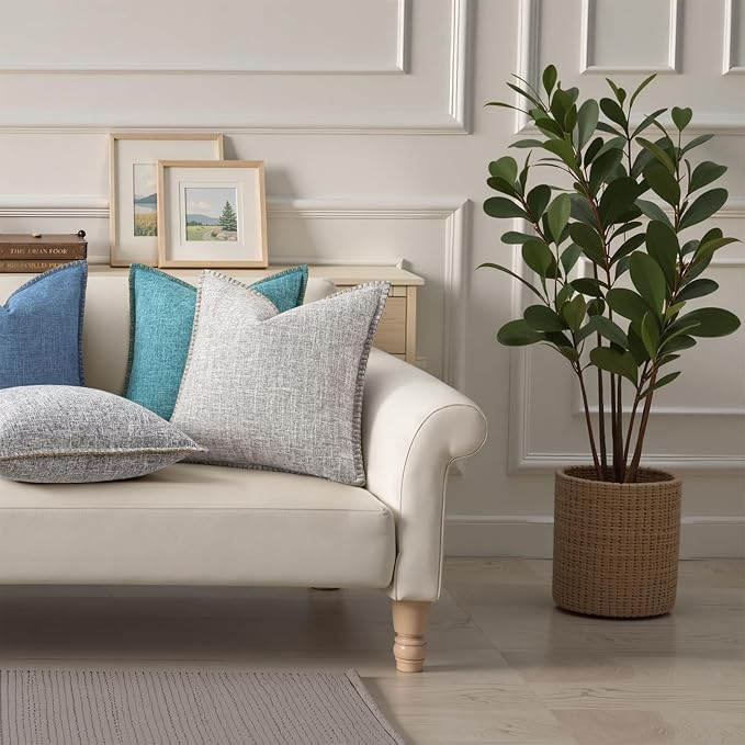 decorUhome Teal Faux Linen Outdoor Throw Pillow Covers 12x20 Set of 2 | Fall Decorative Textured Neutral Modern Farmhouse Pillow Covers with Stitched Edge for Couch Sofa Bed Living Room