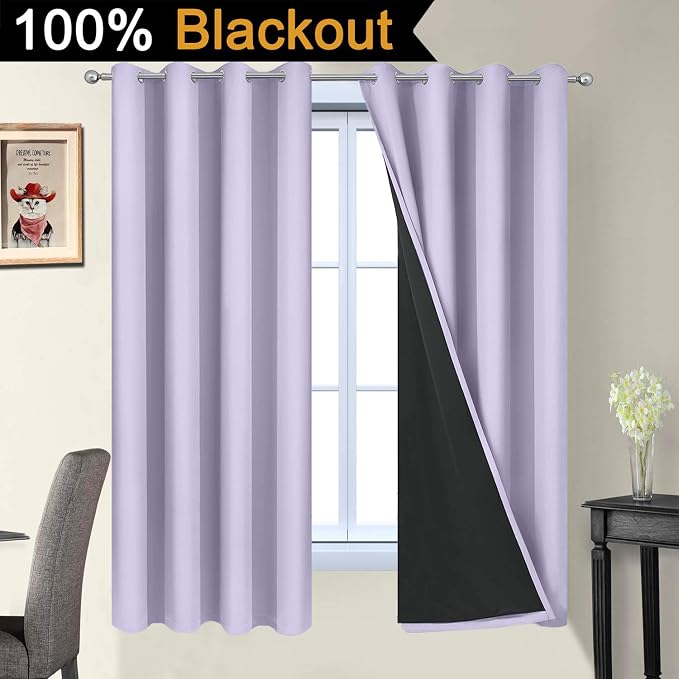 Yakamok Lilac 100% Blackout Curtains 63 Inches Long for Bedroom 52" Wide | Blackout Curtain Panels for Bedroom, 2 Thick Layers Grommet Top Thermal Insulated Drapes with Black Liner for Living Room